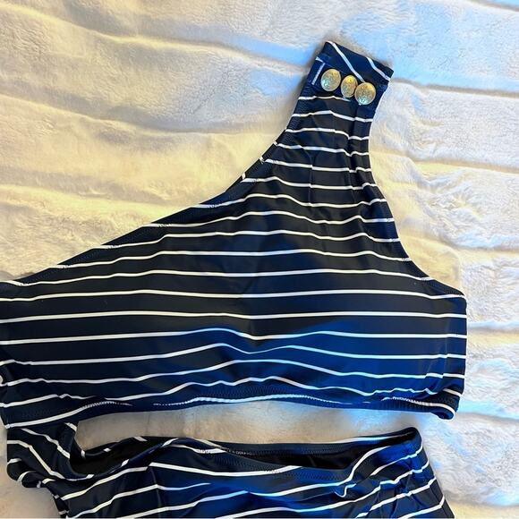 🆕 J. Crew Navy Shoulder One Piece Bikini Swimsuit Stripe Nautical 18 FAV NWT - Picture 7 of 16